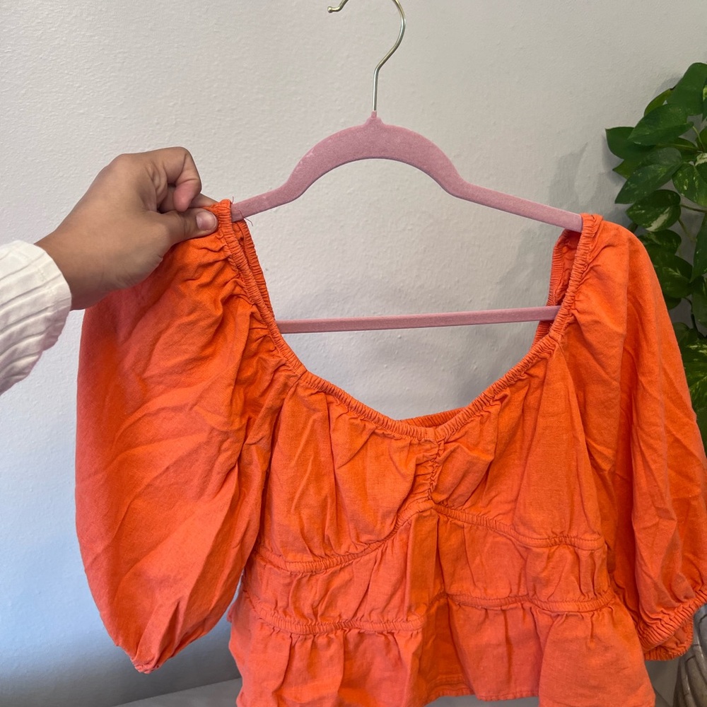 A New Day Orange Puff Sleeve Blouse with Ruched Details